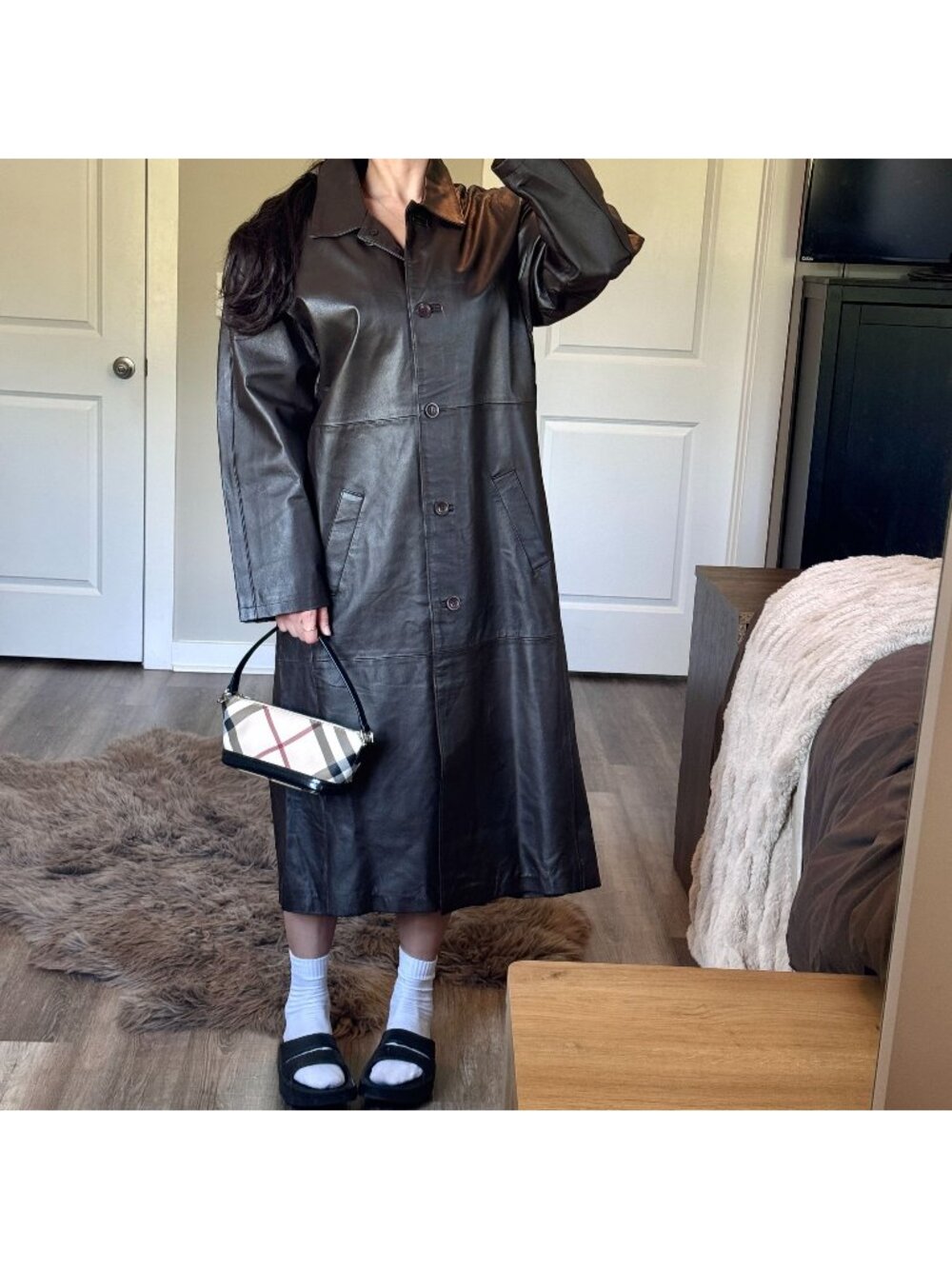Brandon Thomas Long Leather Trench Coat Womens L Espresso Brown Minimalist Sleek